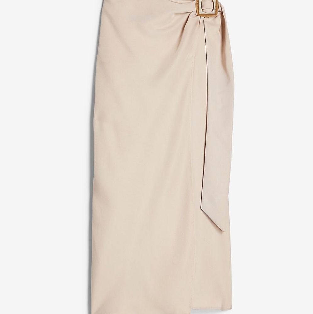 Satin Wrap Midi Skirt with Buckle